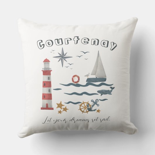 Coussin Nom personnalisé Nautical Ocean Voilier en Blanc (Verso)