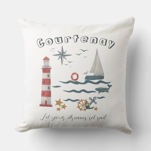 Coussin Nom personnalisé Nautical Ocean Voilier en Blanc (Recto)