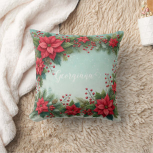 Coussin Nom personnalisé Noël Floral Aquarelle Poinsettia