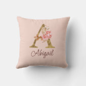 Coussin Nom personnalisé Or Feuille Rose Blush Lettre A (Verso)