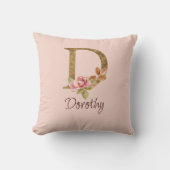 Coussin Nom personnalisé Or Feuille Rose Blush Lettre D (Recto)