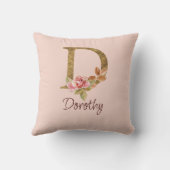 Coussin Nom personnalisé Or Feuille Rose Pâle Roses Lettre (Verso)