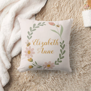 Coussin Nom personnalisé Watercolor Floral Spring Nursery