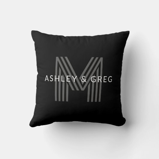 Coussin Nom rétro moderne éditable monogramme noir et gris (Verso)