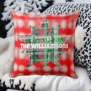 Coussin Nom script étoile céleste plaid rouge vert blanc