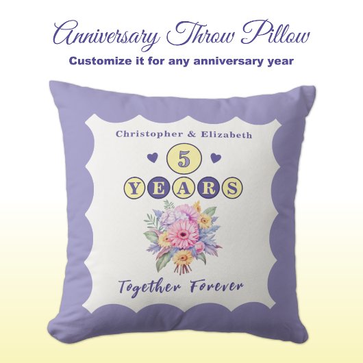 Coussin Noms de 5e anniversaire fleurs gerbera violettes