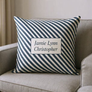 Coussin Noms de couples personnalisés rayures bleues et bl