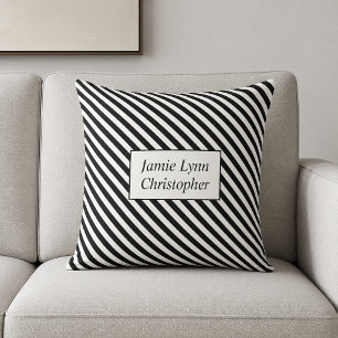 Coussin Noms de couples personnalisés rayures noir/blanc