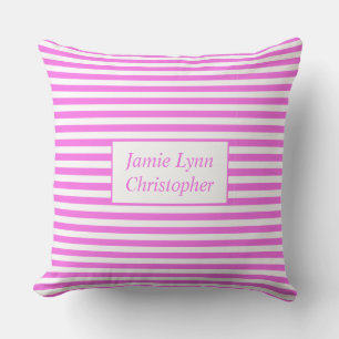 Coussin Noms de couples personnalisés rayures rose/blanc