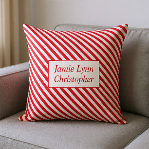 Coussin Noms de couples personnalisés rayures rouges/blanc