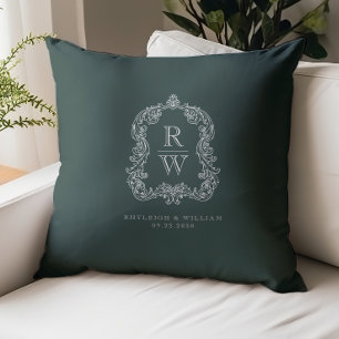 Coussin Noms de crête de monogramme vintage Vert forêt Mar