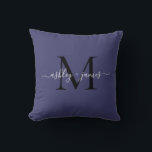 Coussin Noms de mariage élégants monogramme bleu marine éc<br><div class="desc">Oreiller chic avec monogramme personnalisé avec vos noms et monogramme en écriture calligraphique blanche élégante et typographie moderne noire sur fond bleu marine. Ajoutez simplement vos noms et monogramme. Conçu exclusivement pour vous par Happy Dolphin Studio. Si vous avez besoin d'aide ou de produits assortis, veuillez nous contacter à happydolphinstudio@outlook.com....</div>