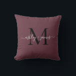 Coussin Noms de mariage élégants Monogramme Burgundy Scrip<br><div class="desc">Oreiller souvenir chic monogrammé avec vos noms et monogramme en écriture calligraphiée élégante blanche et typographie moderne noire sur fond burgundy. Ajoutez simplement vos noms et monogramme. Conçu exclusivement pour vous par Happy Dolphin Studio. Si vous avez besoin d'aide ou de produits assortis, veuillez nous contacter à happydolphinstudio@outlook.com. Nous sommes...</div>