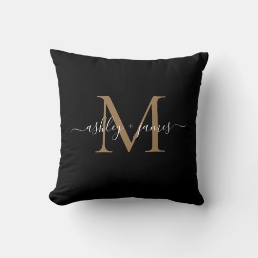 Coussin Noms de mariage élégants monogramme noir or (Recto)