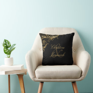 Coussin Noms de mariage en damas floral or noir vintage