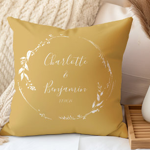 Coussin Noms de mariage personnalisés script botanique Jau