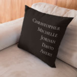 Coussin Noms de membres de famille personnalisés Noir Blan<br><div class="desc">Ajoutez une touche personnelle à votre décor de maison grâce à ce Coussin Accent de type moderne noir et blanc personnalisé. Avec un design épuré et minimaliste en noir et blanc classique, ce coussin est la façon idéale de présenter les noms de vos proches dans une police moderne et élégante....</div>