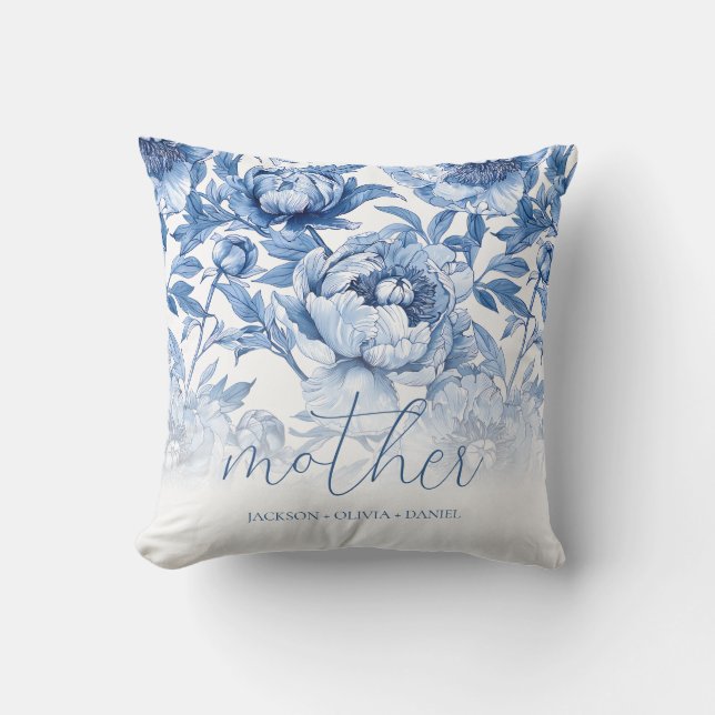 Coussin Noms d'enfants floraux bleus élégants Script Mère (Recto)