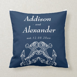 Coussin Noms des Ancres Blancs Bleu Mariage Nautique Date