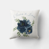 Coussin Noms élégants bleu et blanc Mariage aquarelle (Verso)