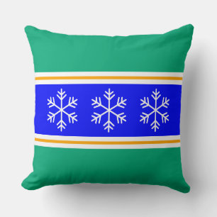 Coussin Nordique Bleu Clair Vert Rayures Flocons de Neige