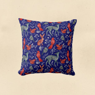 Coussin Nordique Blue Deer Rabbit Bird Floral Aquarelle