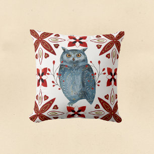 Coussin Nordique Blue Owl Aquarelle Folk Art