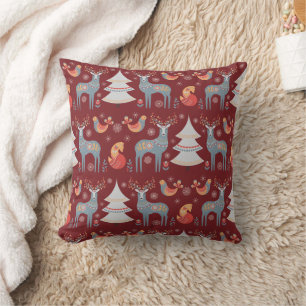 Coussin Nordique Bourgogne Rouge renne Arbre de Noël Flora