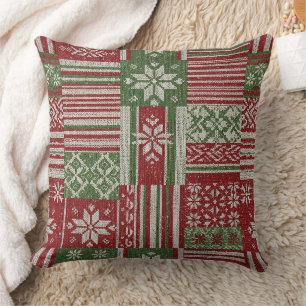 Coussin Nordique Fleur d'Îles Christmas Rouge Vert Tricot
