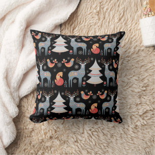 Coussin Nordique Noir renne sapin sapin de Noël Floral
