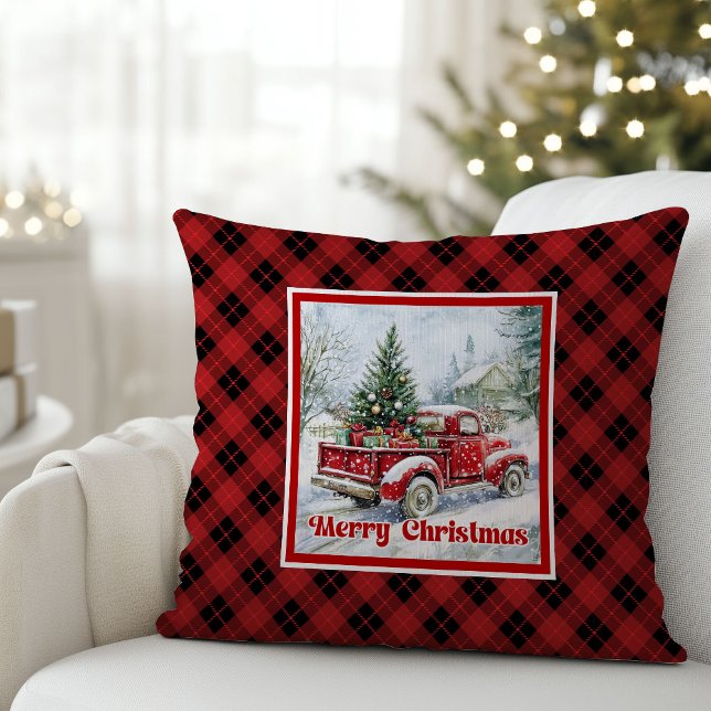 Coussin Nostalgic red truck holiday scene rustic Christmas (Nostalgic red truck holiday scene rustic Christmas pillow

)