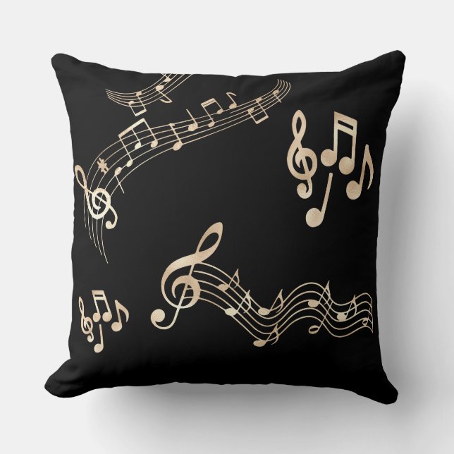 Coussin Notes de musique dorées sur fond noir moyen (Recto)
