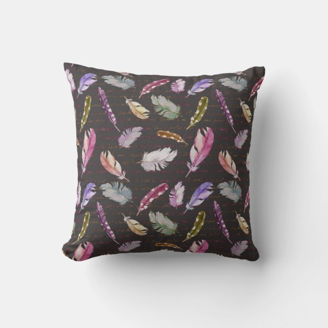 Coussin Notes des plumes : Aquarelle Motif d'oiseaux. (Recto)