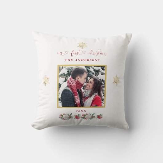 Coussin Notre premier Mariage photo floral de Noël (Recto)