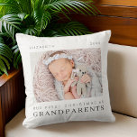 Coussin Notre premier Noël en grands-parents Moderne Chic<br><div class="desc">Design est composé de typographie chic moderne avec sans serif et serif police. Ajoutez une photo personnalisée du bébé et de l'année.</div>