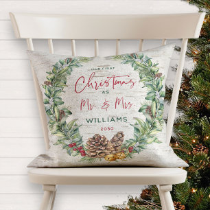 Coussin Notre premier Noël en tant que M. & Mme Rustic Pin