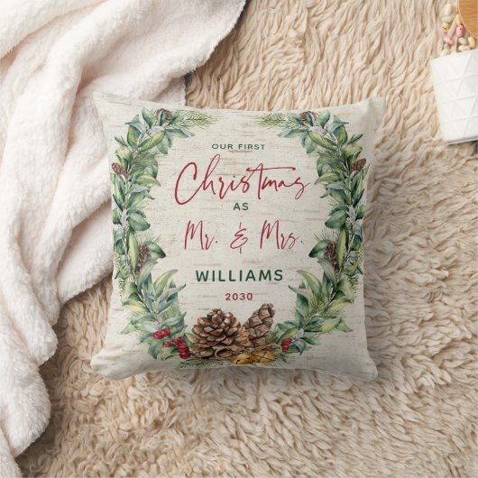 Coussin Notre premier Noël en tant que Mr & Mrs Pine Wreat (Couverture)