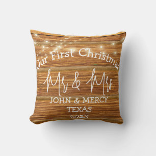Coussin Notre premier Noël M. et Mme jeune marié en bois