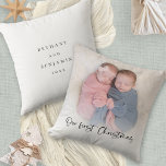 Coussin Notre premier script de Noël Baby Twins Photo<br><div class="desc">Notre premier script de Noël Baby Twins Photo Noms Année. Un script set ludique pour Notre premier Noël et facile à personnaliser avec les noms de vos bébés et l'année de l'autre côté et remplacer l'exemple photo sur le devant par votre propre. Un calque de superposition de dégradé se trouve...</div>