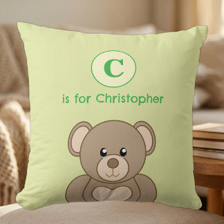 Coussin Noun ours en peluche initial enfants vert