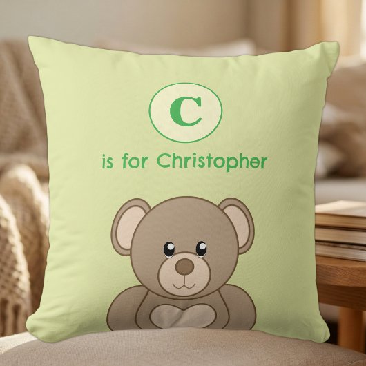 Coussin Noun ours en peluche initial enfants vert
