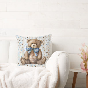 Coussin Noun ours en peluche sur coeurs bruns bleus