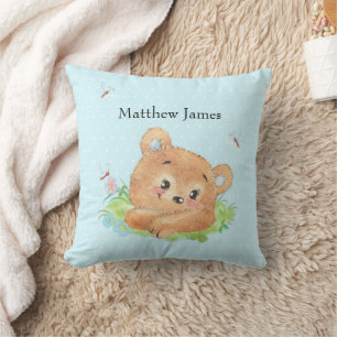 Coussin Nounours bébé garçon bleu jeté