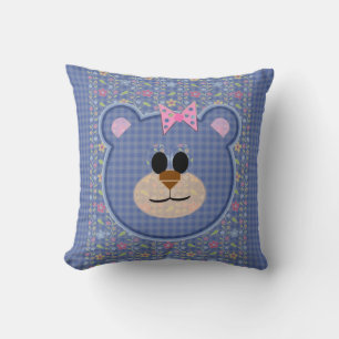 Coussin Nounours en peluche, damiers et fleurs