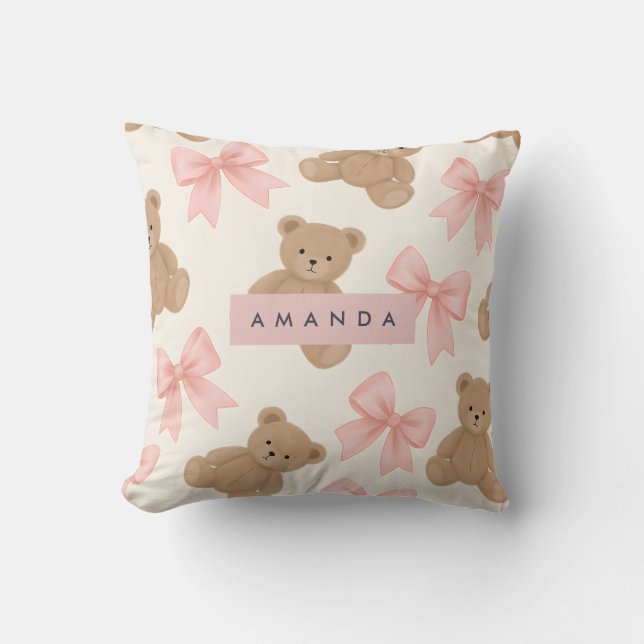 Coussin Nounours mignon personnalisé et motif de noeud ros (Recto)