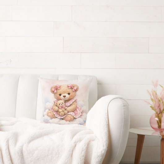 Coussin Nounours ourson avec des rubans roses (Canapé)