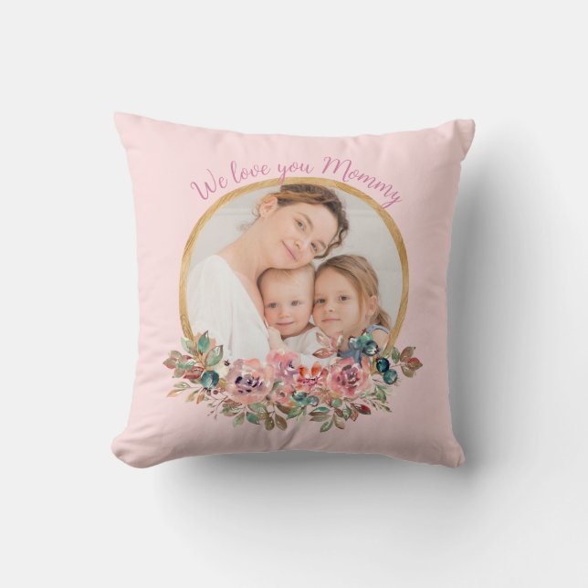 Coussin Nous vous aimons maman 1 photo aquarelle fleurs (Recto)