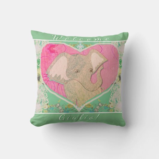 Coussin Nouveau bébé éléphant vert rose (Recto)
