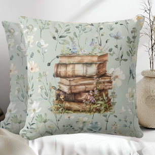 Coussin Nouveau chapitre aquarelle, Pile de livres fleurs