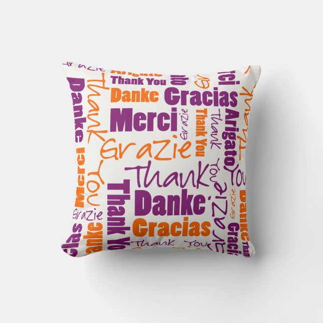 Coussin Nuage de mots de Merci violet et orange (Recto)